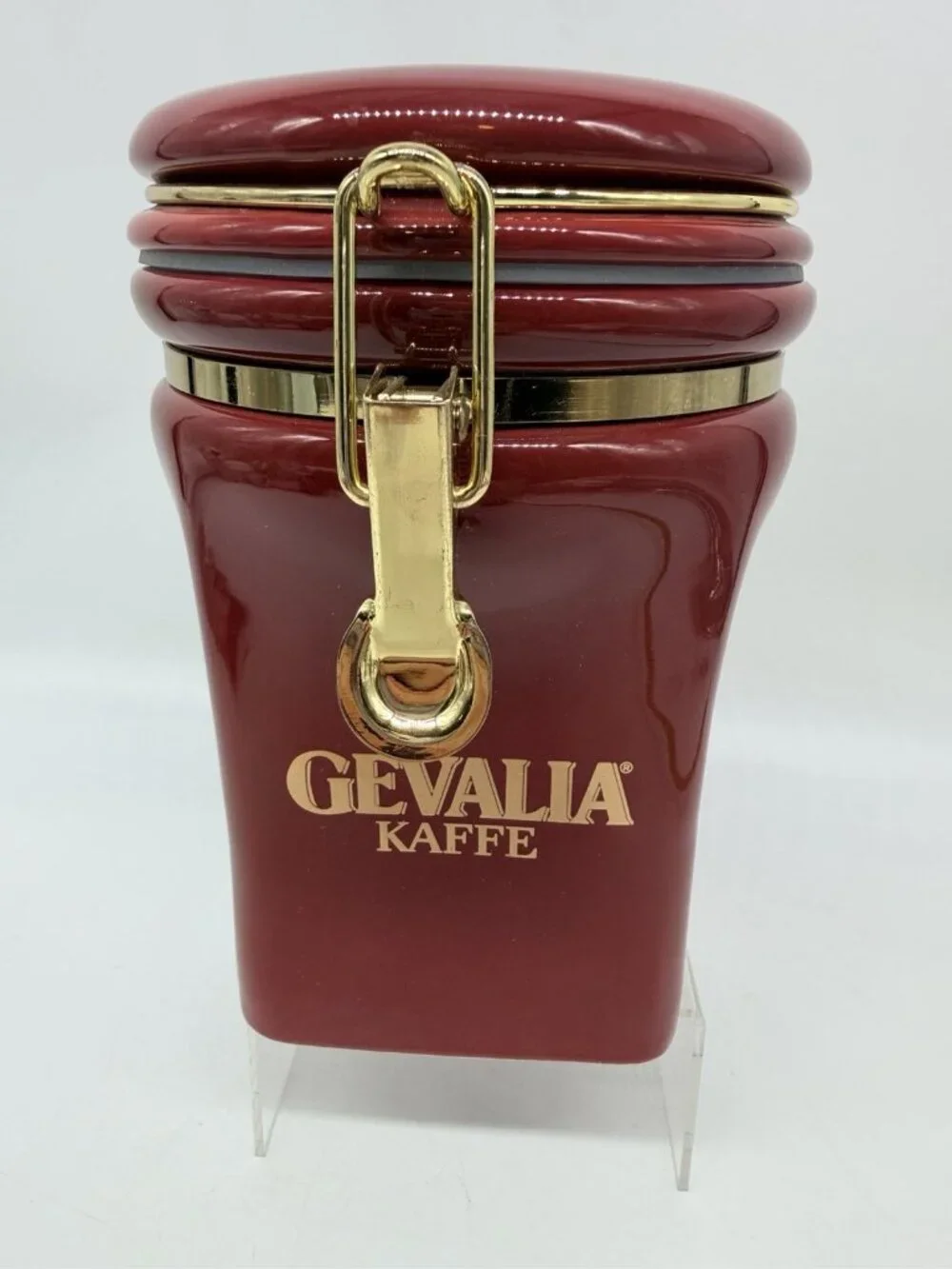 Gevalia Kaffe Maroon Burgundy Red & Gold Ceramic Air Tight Coffee Jar Canister